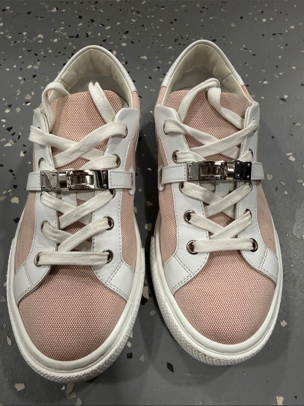 Hermes Pink and White Low-Top Sneakers with Silver Buckle Accent